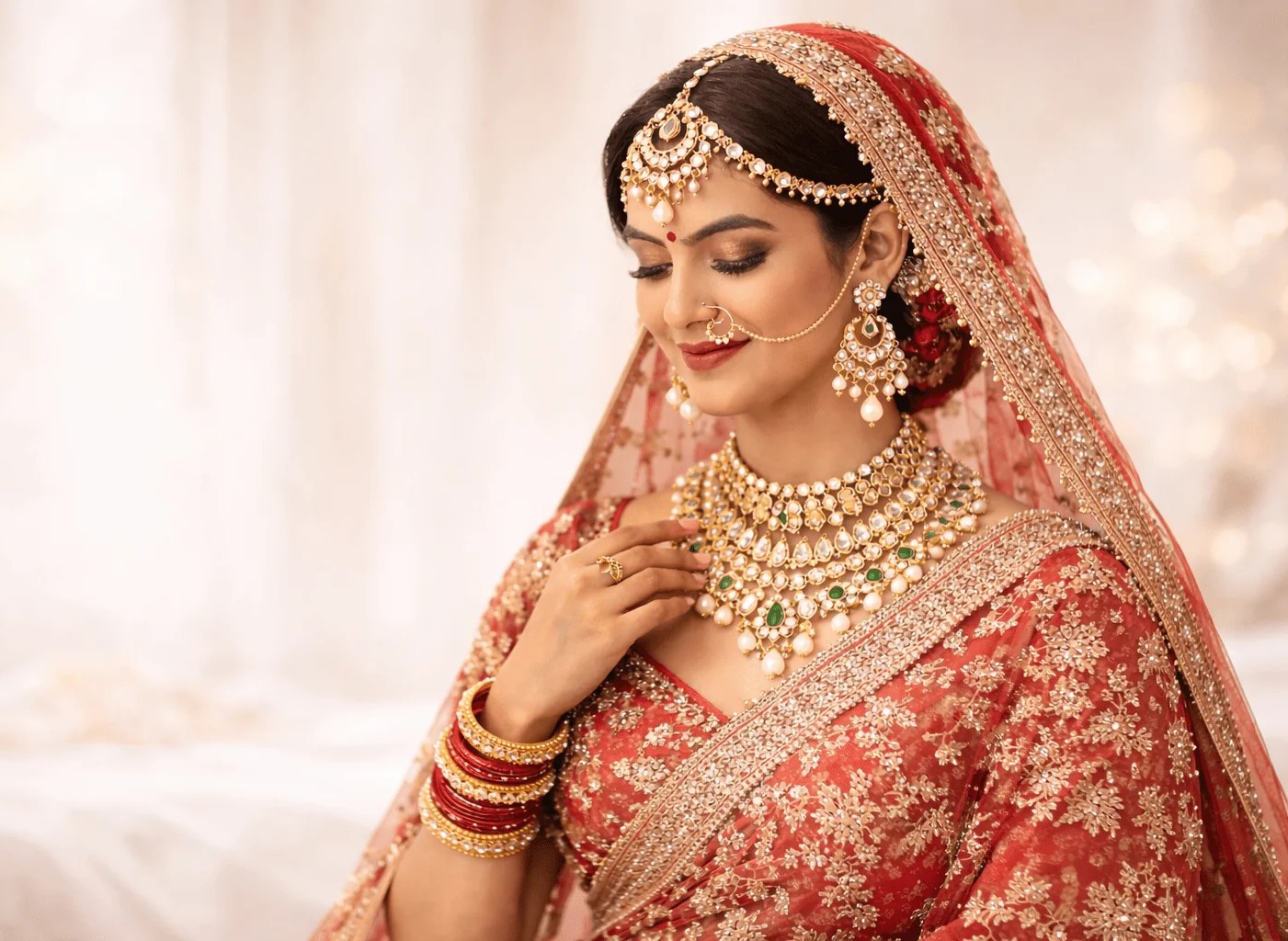 Indian bride wearing traditional red bridal attire showcasing bridal makeup by RS Bridal